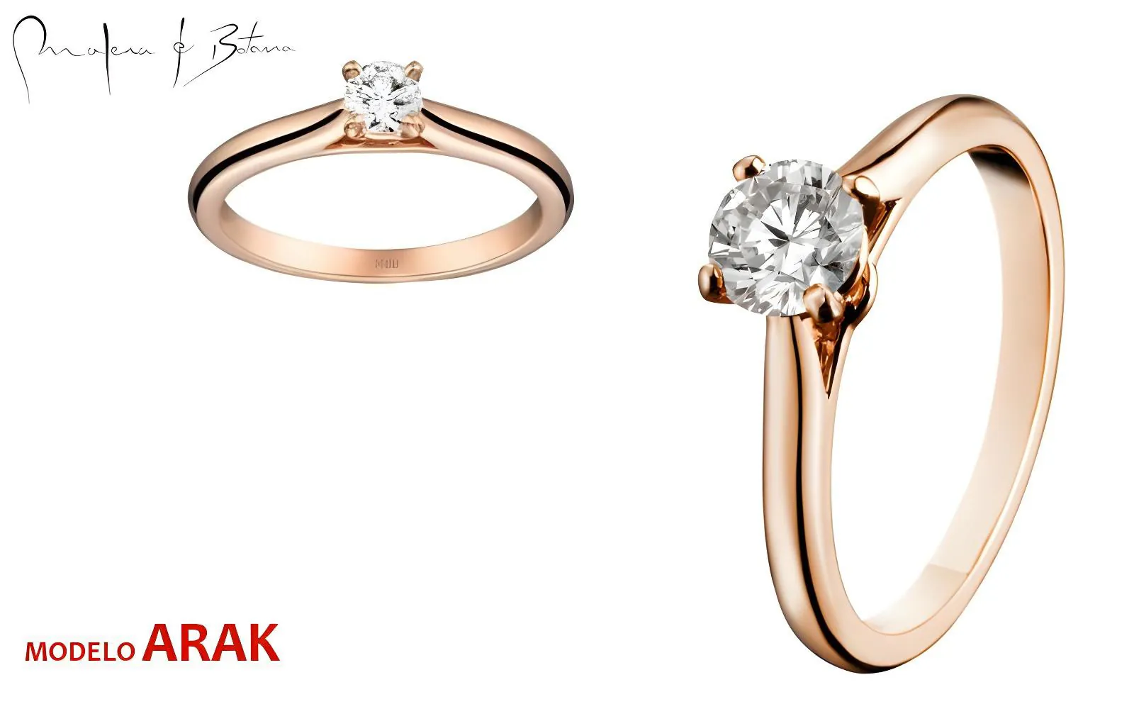 Anillo solitario de oro rosa visto de perfil, con una piedra central engastado en cuatro garras y diseño de catedral