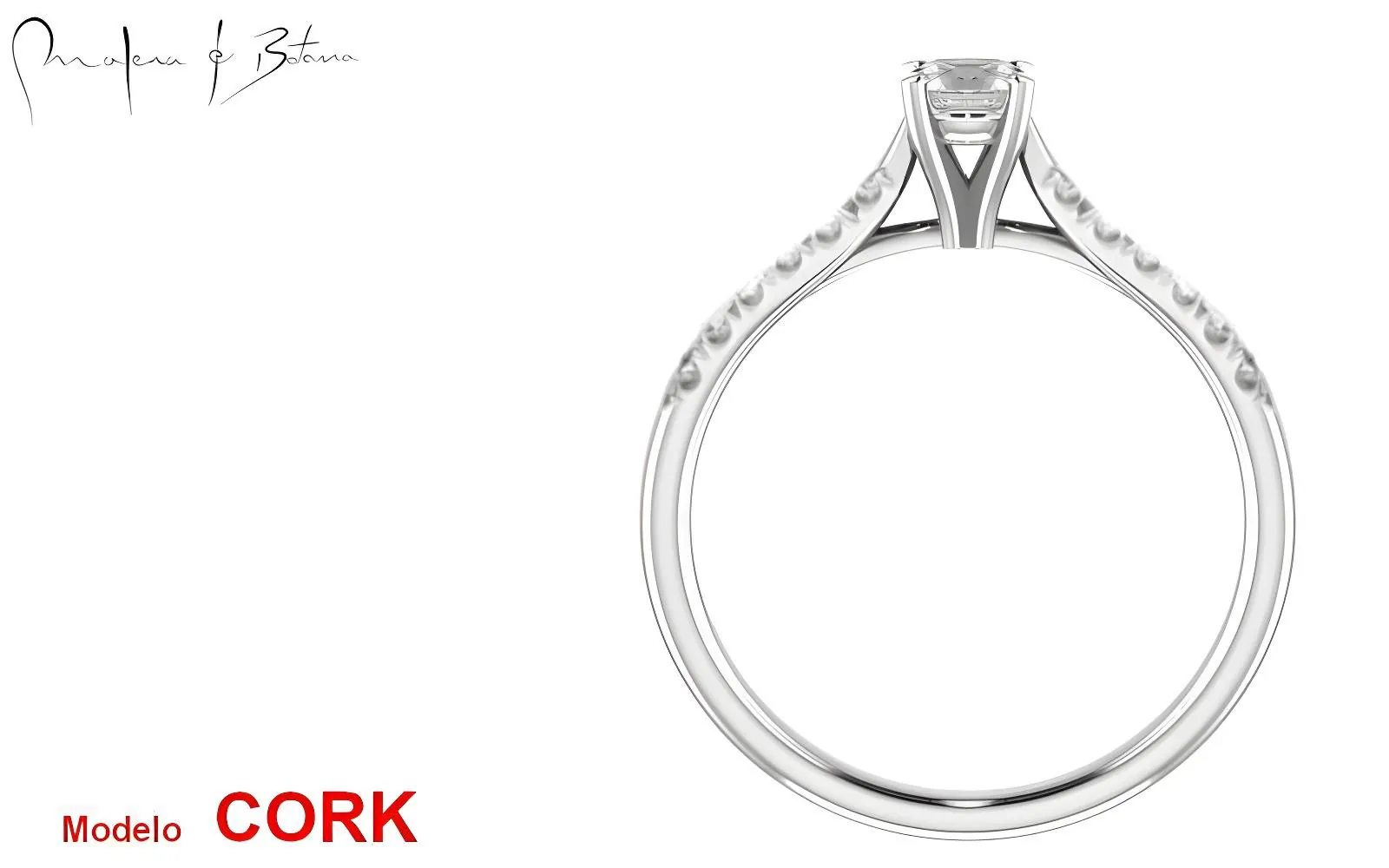 Anillo de compromiso Modelo Cork en oro blanco 18K con piedra central redonda y banda en V, joyería Quito Ecuador