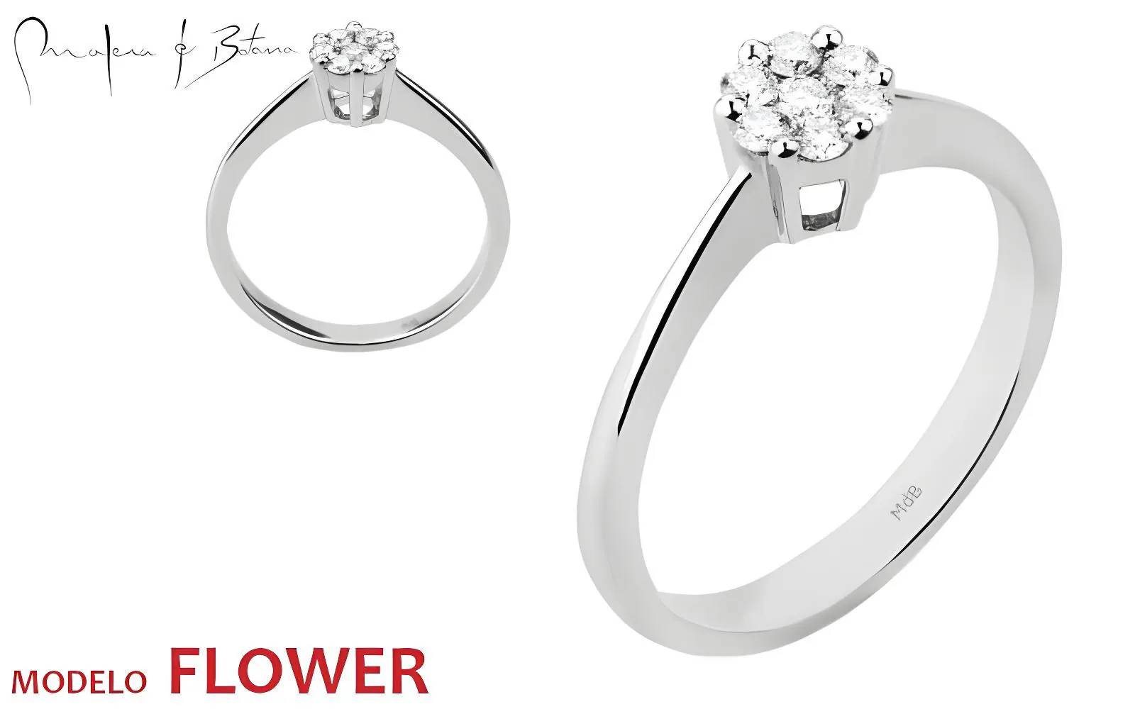 Anillo de compromiso Modelo Flower en oro blanco 18K con piedras en patrón floral circular, joyería Quito Ecuador