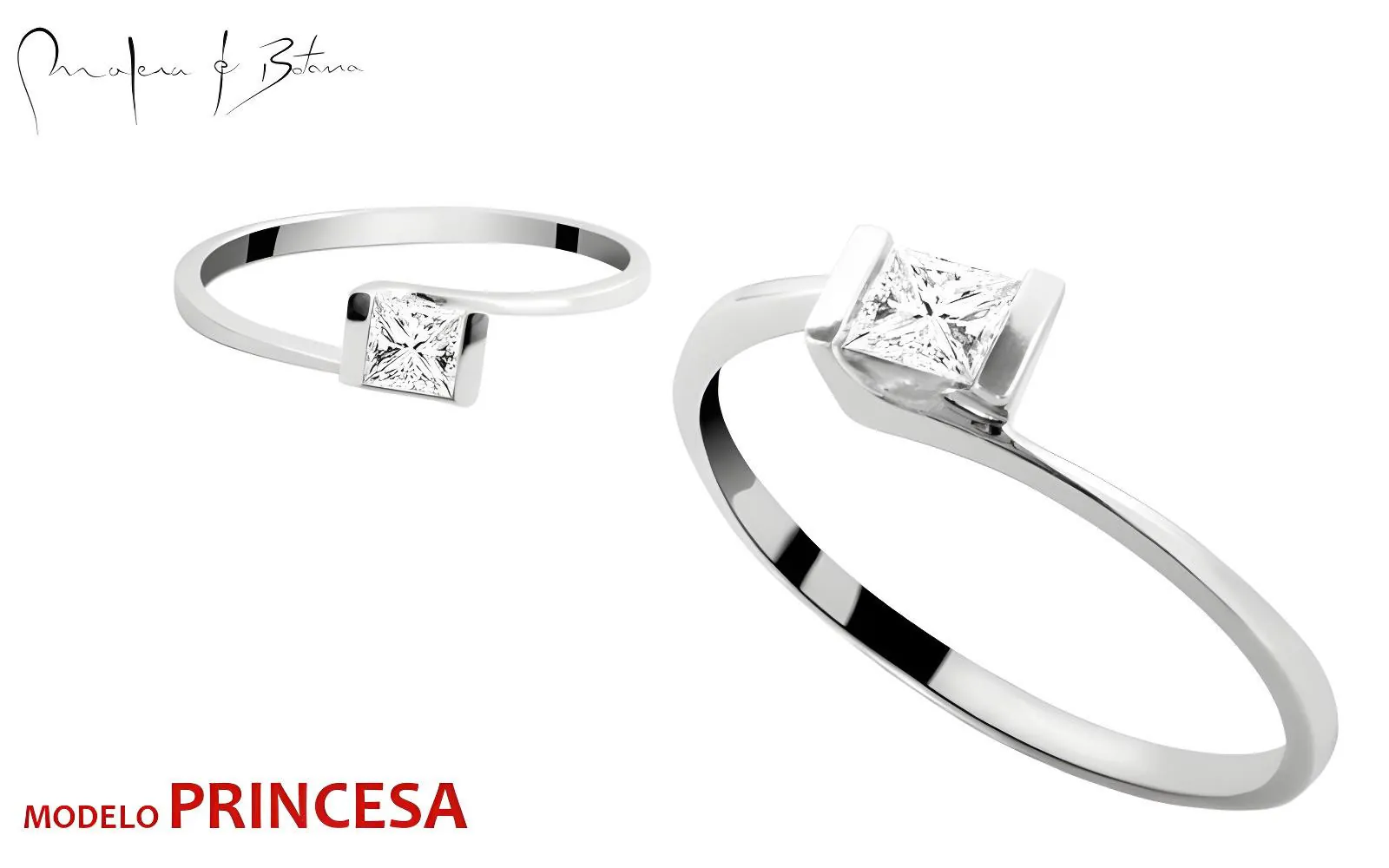 Anillo minimalista en plata con piedra talla princess engastado horizontalmente en diseño asimétrico