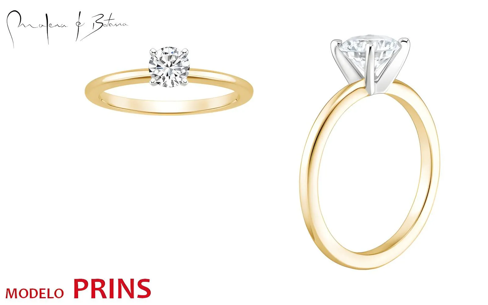 Anillo de compromiso solitario con piedra redonda montado en garras de oro blanco sobre banda de oro amarillo