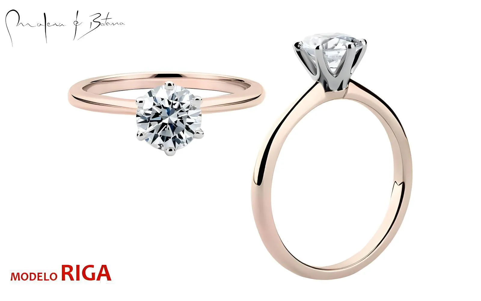 Anillo de Compromiso Modelo RIGA Anillo de compromiso bicolor con banda oro rosa y engaste seis garras oro blanco, modelo Riga contemporáneo