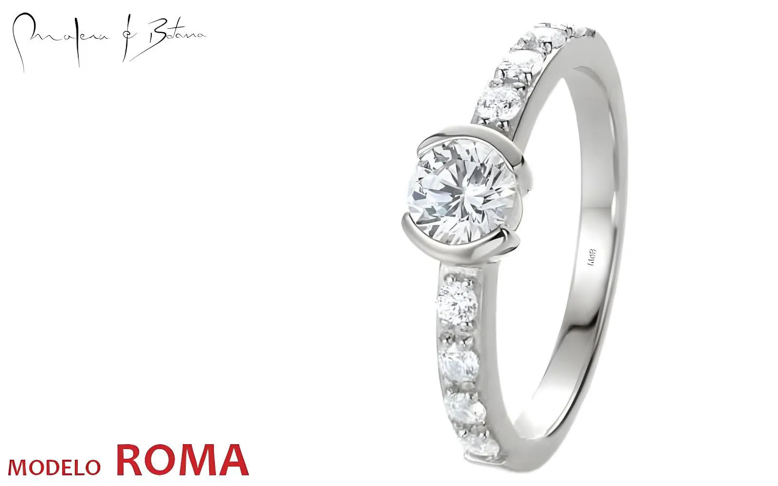 Anillo de compromiso en oro blanco con piedra central en semi-tensión y banda decorada con pavé de piedras