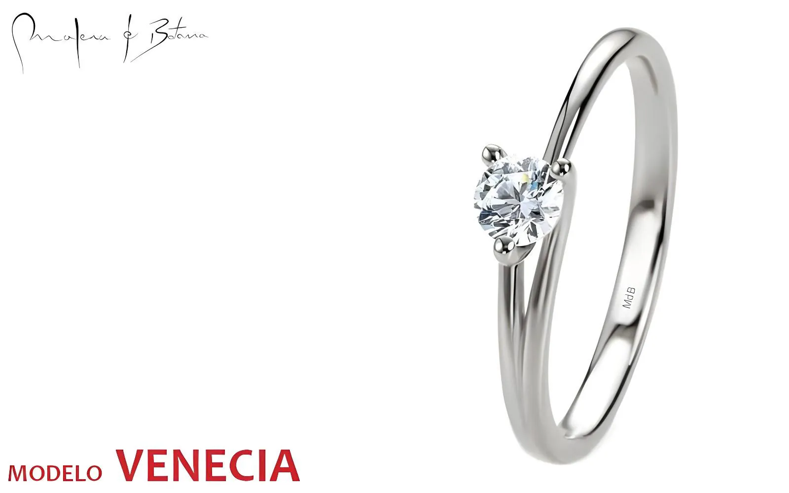 Anillo de compromiso en oro blanco con piedra central y diseño de banda con líneas suaves laterales