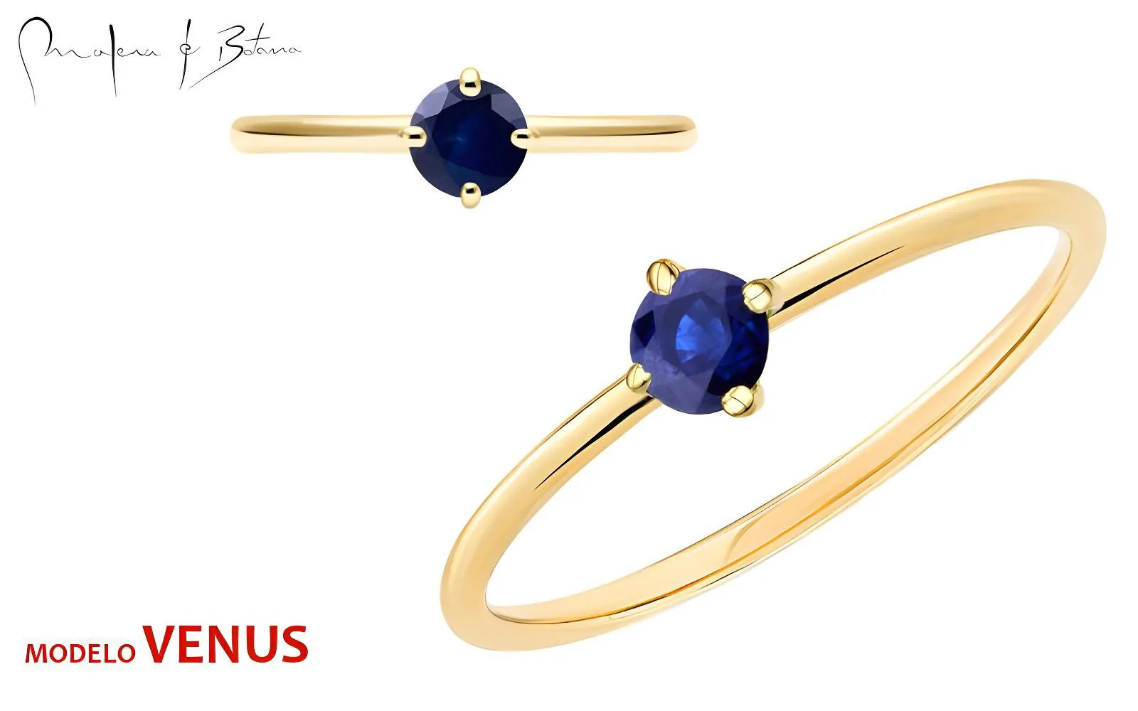 Anillo minimalista en oro amarillo con piedra azul redonda montada en engaste de cuatro garras