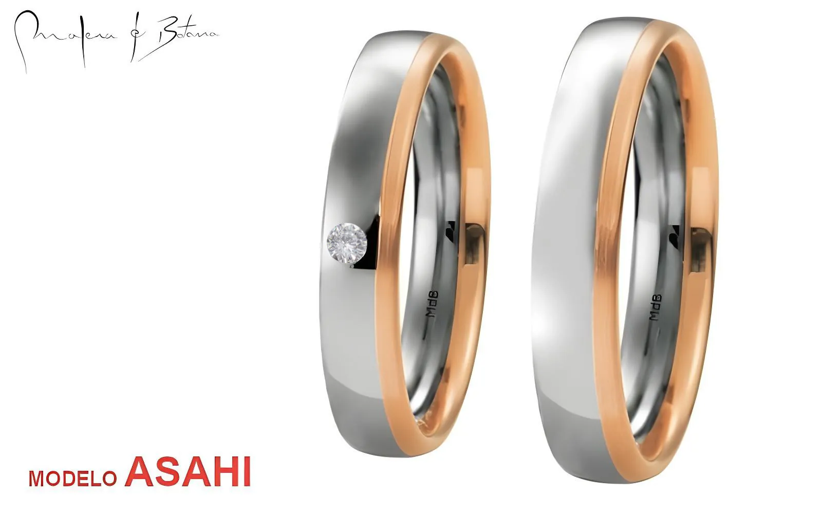 Par de anillos de boda bicolor, combinando oro blanco y rosa, uno con una pequeña piedra incrustada