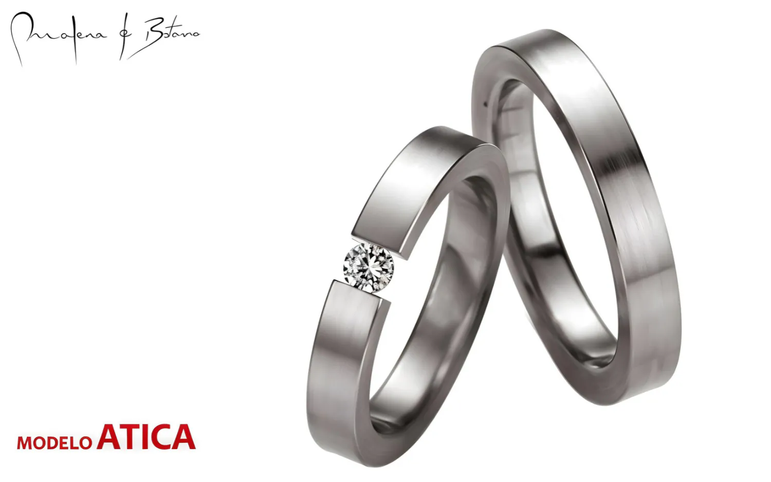 Par de anillos de boda en oro blanco mate, uno con una piedra engastada