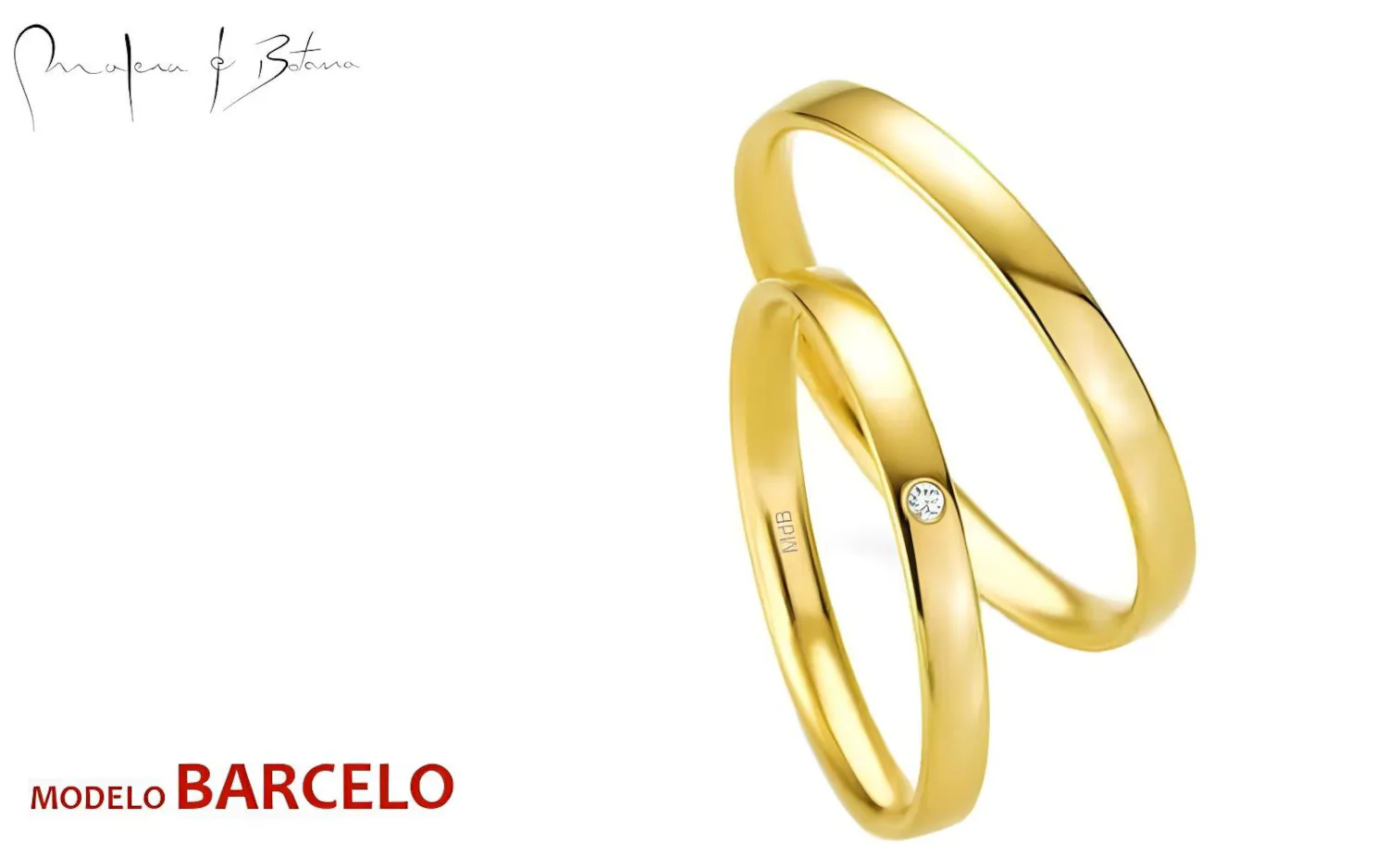 Par de anillos de boda en oro amarillo 18K, uno liso y otro con una piedra solitaria engastado