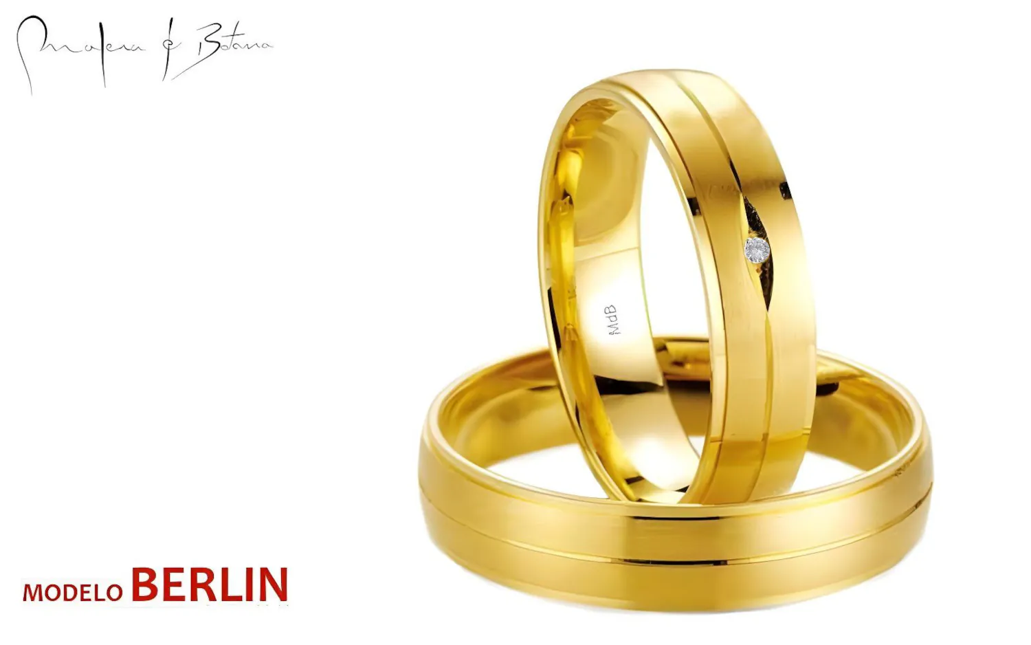 Par de anillos de boda en oro amarillo 18K con diseño de doble banda y una piedra solitaria