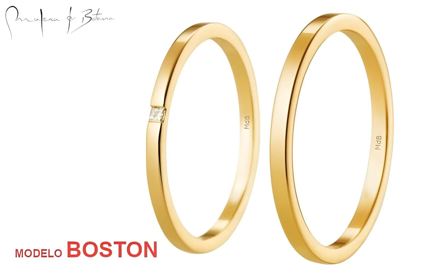 Par de anillos de boda en oro amarillo 18K de perfil bajo, uno con una discreta piedra engastada