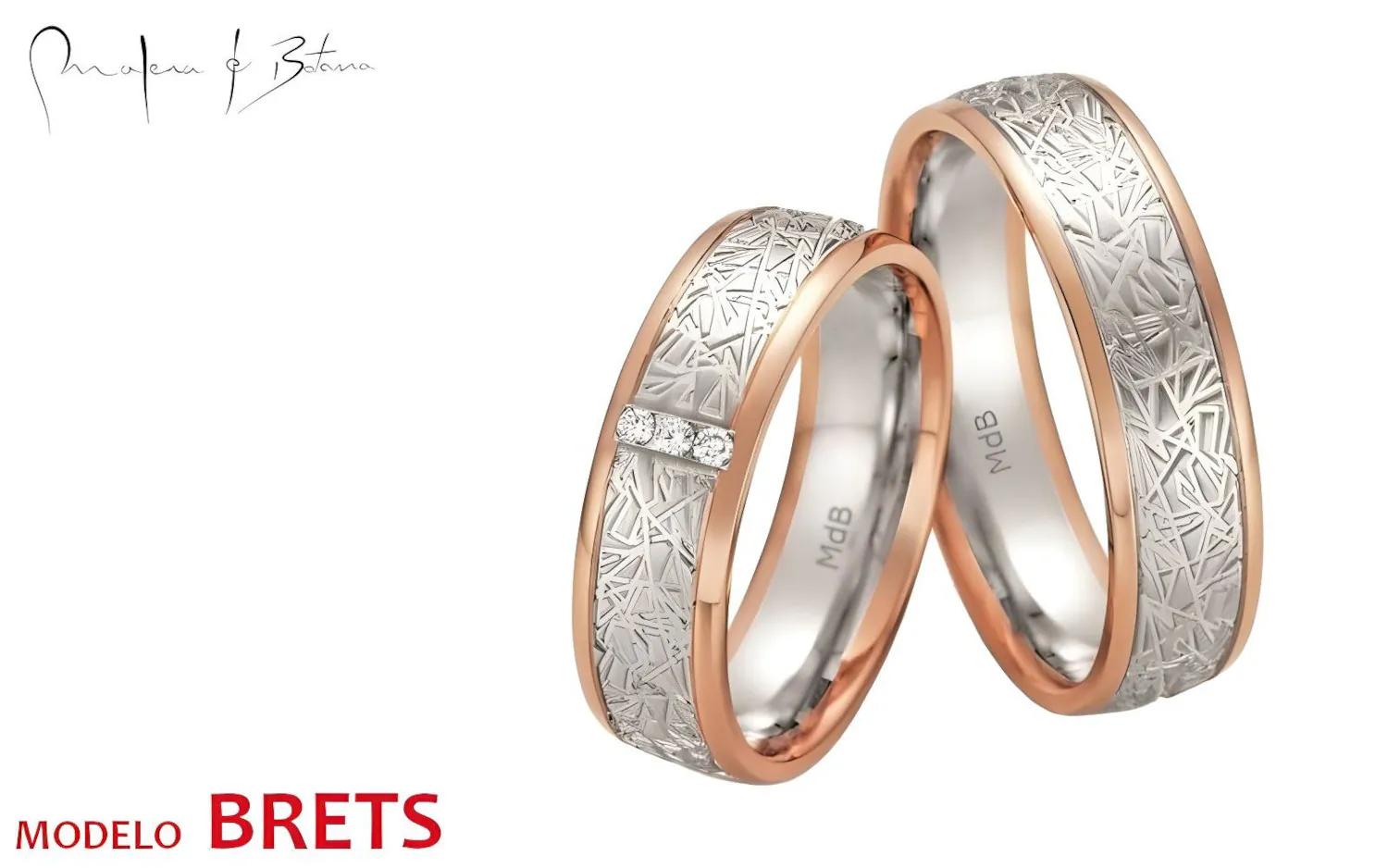 Anillos de matrimonio bicolor de oro blanco y rosa con grabado y piedras.