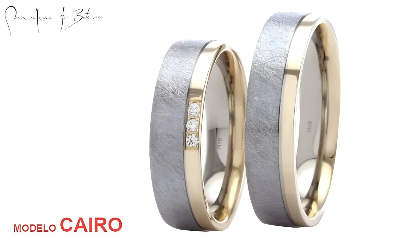 Anillos de matrimonio bicolor con acabado mate y piedras.