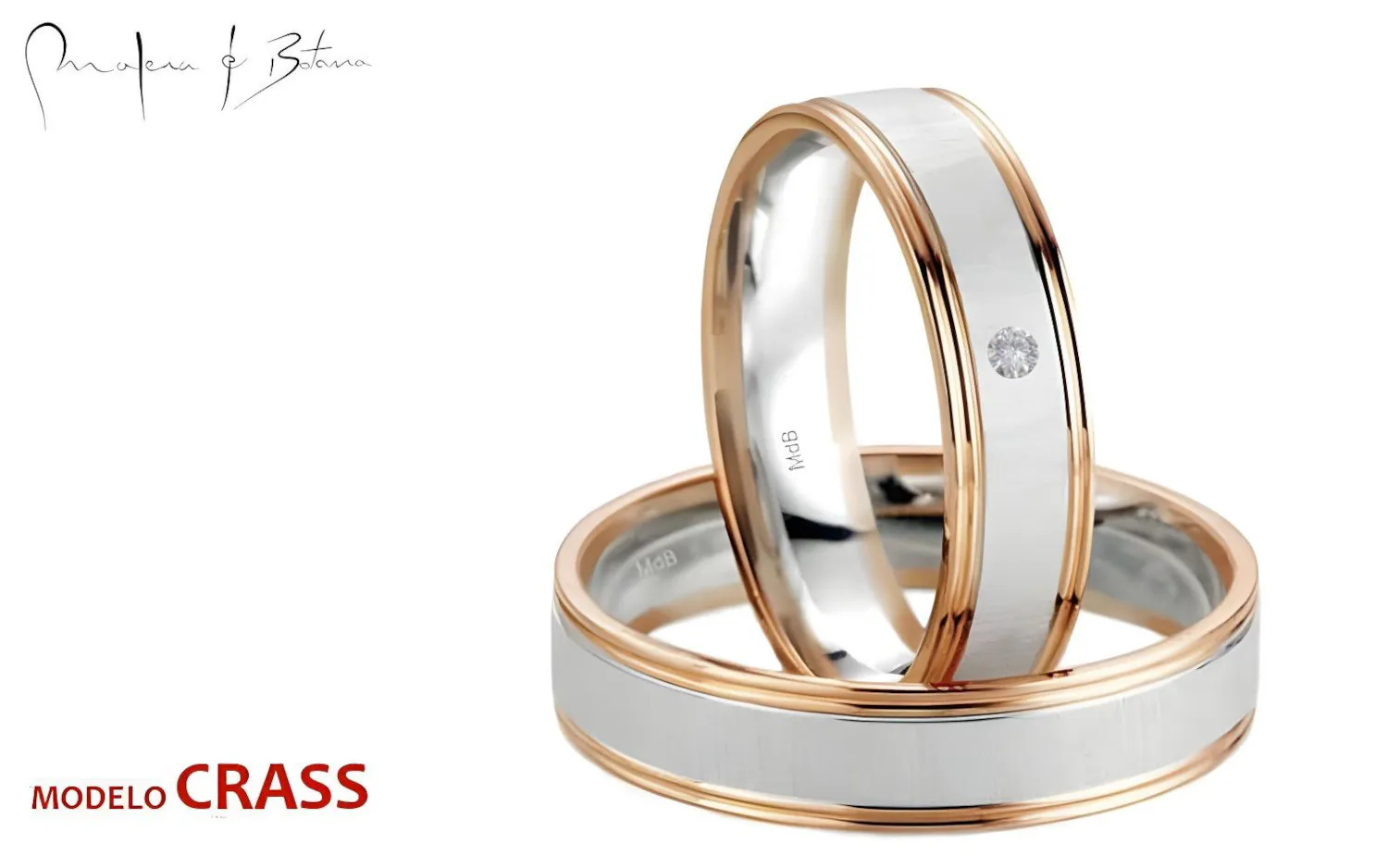 Anillos de Matrimonio Bicolor con Piedra y Bordes Pulidos, Modelo CRASS Anillos de matrimonio bicolor con centro mate, bordes pulidos y piedra.