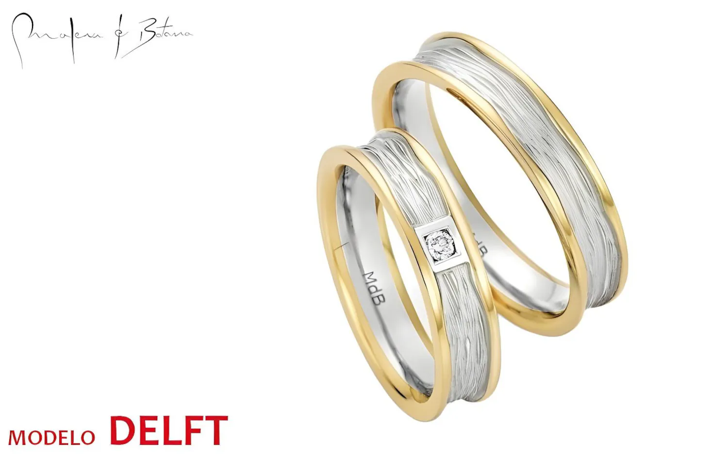  Anillos de matrimonio bicolor con textura y piedra cuadrada.