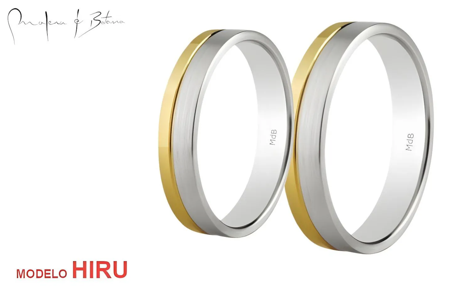 Par de anillos de boda bicolor con bandas de oro blanco y amarillo en diseño minimalista.