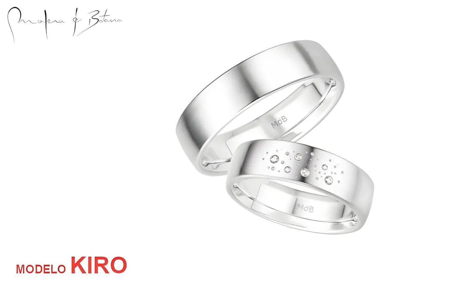  Par de alianzas de matrimonio en oro blanco. El anillo de mujer presenta un patrón de pequeños cráteres con piedras engastadas, mientras que el del hombre tiene una superficie lisa y mate.