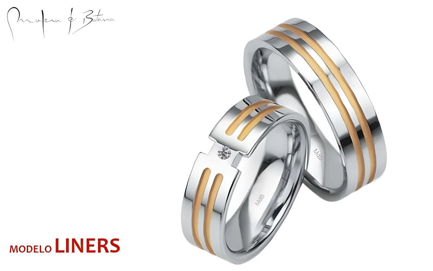Anillos de matrimonio modernos de oro blanco con detalles en oro amarillo y piedra, diseño elegante y contemporáneo.