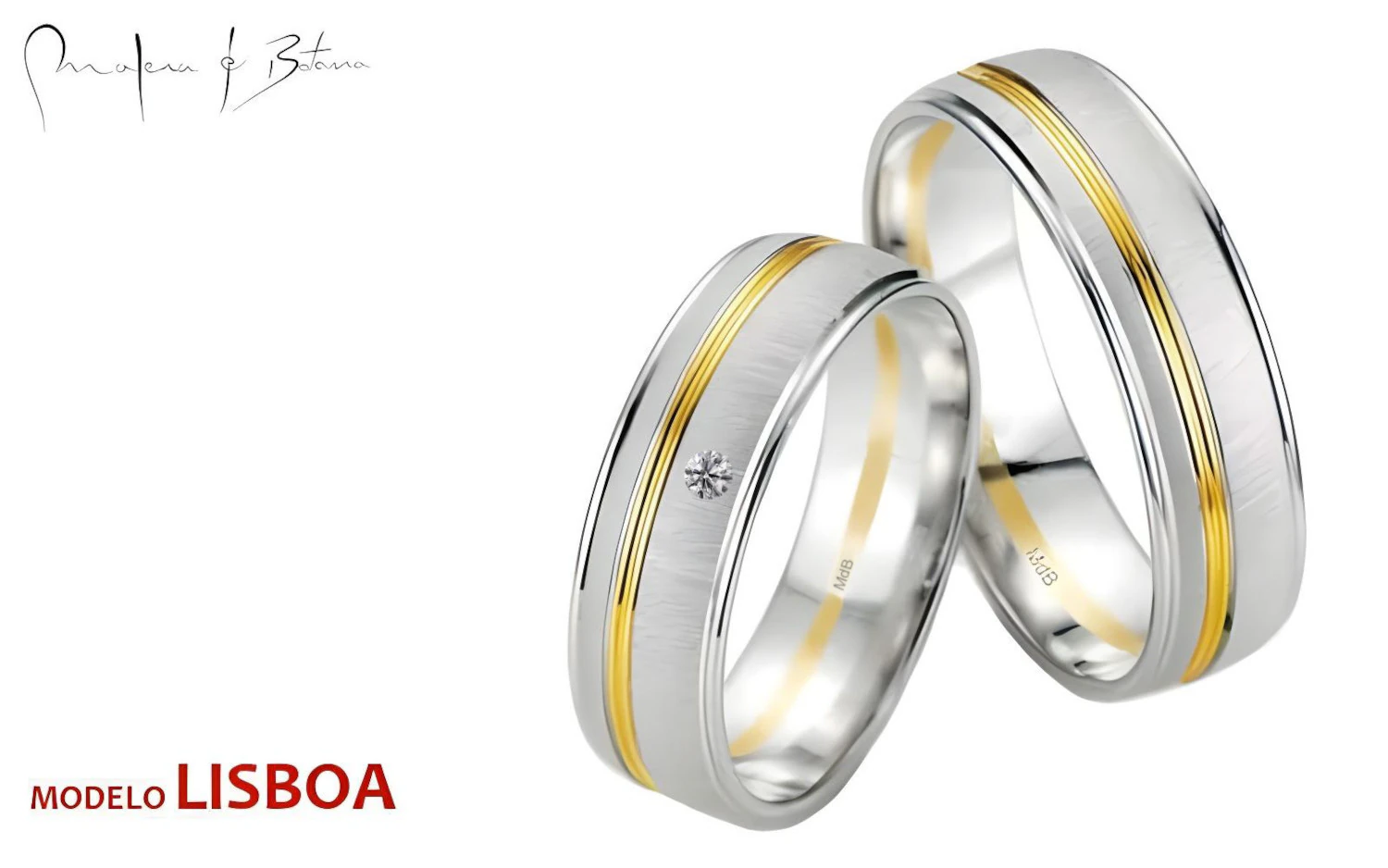 Par de anillos de boda en oro blanco con línea central de oro amarillo; el anillo más pequeño tiene una piedra incrustada