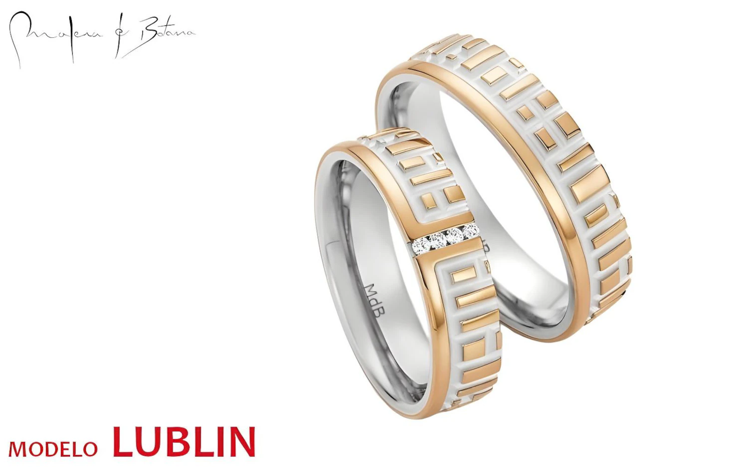 Par de anillos de boda en oro blanco y amarillo con diseño de barras verticales; el anillo más delgado incluye una línea de piedras