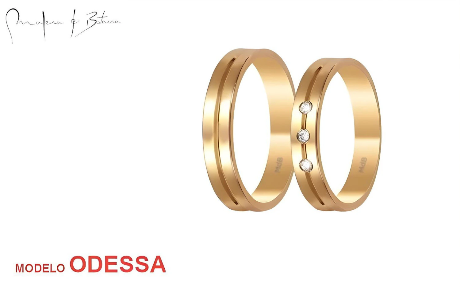 Par de anillos de matrimonio en oro amarillo con acabado pulido tres piedras en uno de los anillos, diseño minimalista y contemporáneo.