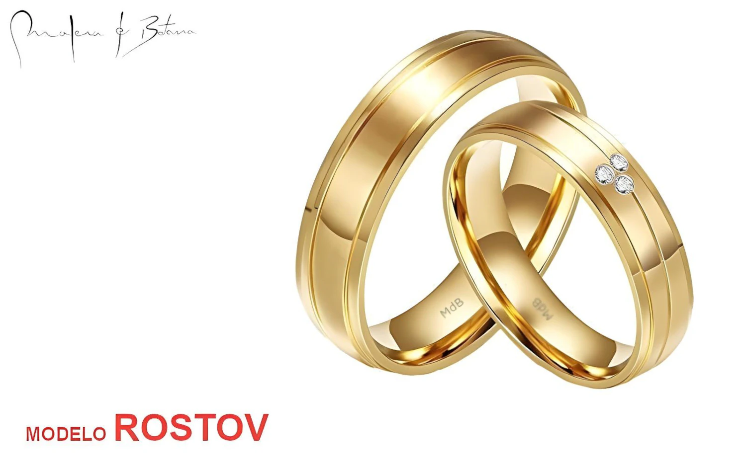 Par de alianzas de matrimonio en oro amarillo 18K. Anillo masculino liso con líneas grabadas. Anillo femenino con una piedra solitaria engastada. Diseño moderno y elegante