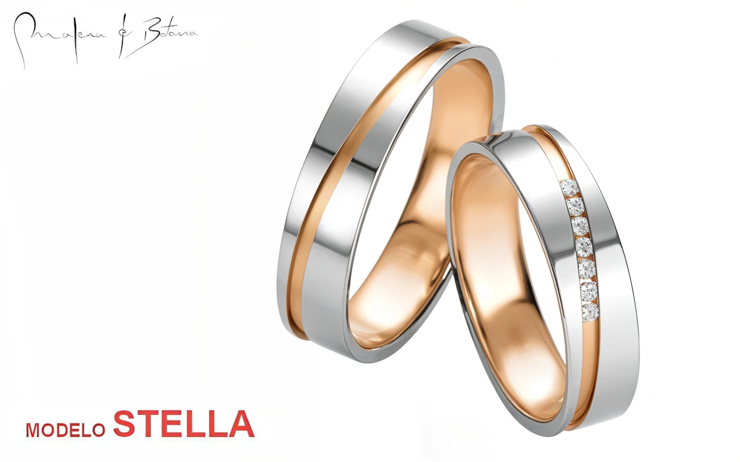 Par de anillos de boda en oro blanco y rosa con incrustación de piedras en uno