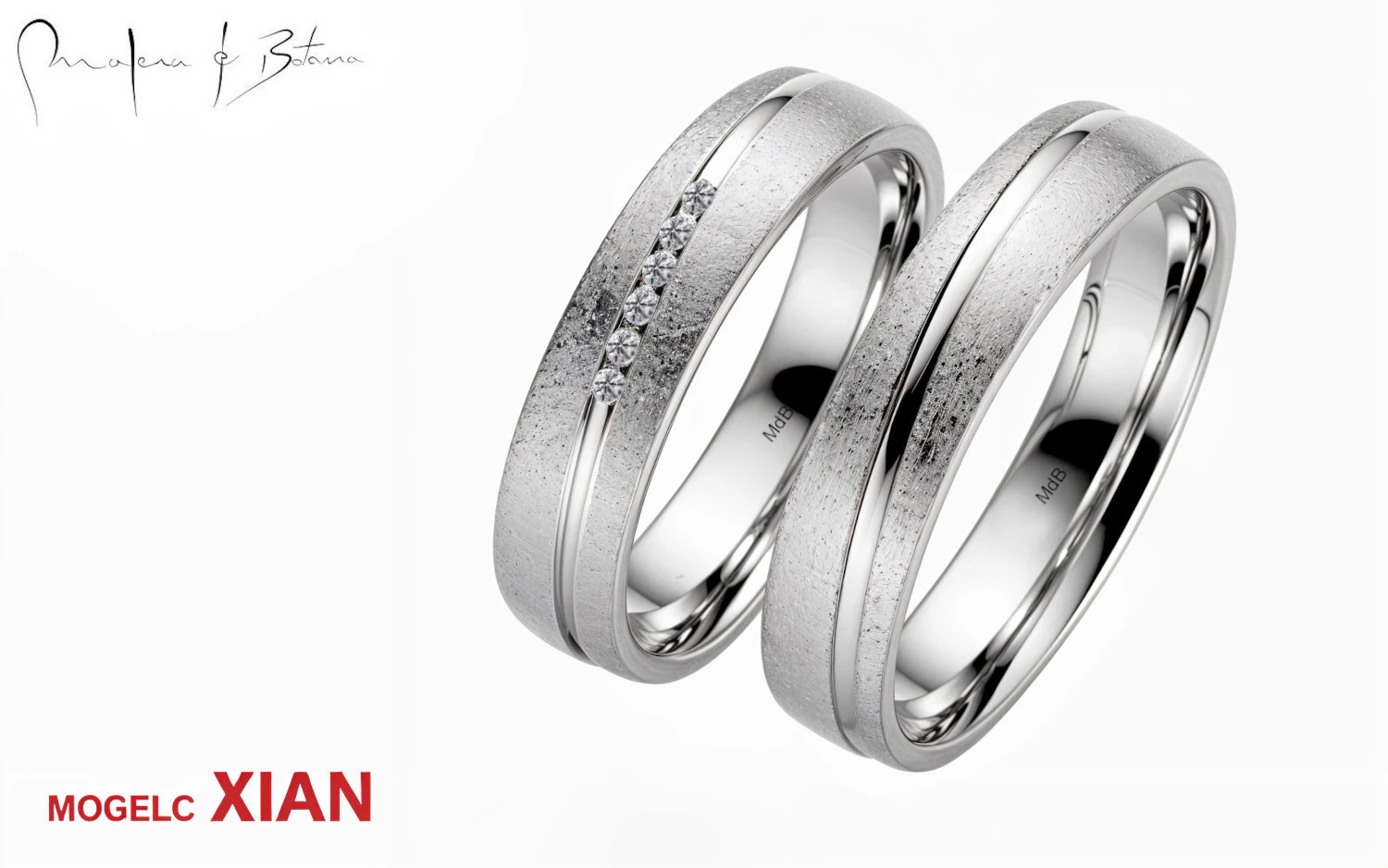 Par de anillos de boda en oro blanco con bandas laterales mate y franja central pulida. El anillo más delgado incluye tres piedras engastadas.