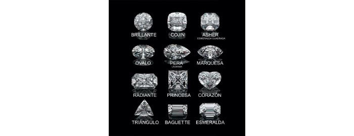  La imagen presenta una variedad de formas de piedras preciosas comúnmente utilizadas en la joyería, especialmente en anillos. Se muestran diferentes cortes, incluyendo brillante, cojín, asher, óvalo, pera, marquesa, radiante, princesa, corazón, triángulo, baguette y esmeralda. Cada forma tiene características únicas que influyen en el brillo y la estética de la piedra, lo que permite a los clientes elegir la opción que mejor se adapte a su estilo personal y preferencias. Esta guía es esencial para quienes buscan personalizar un anillo y entender las implicaciones de cada forma.