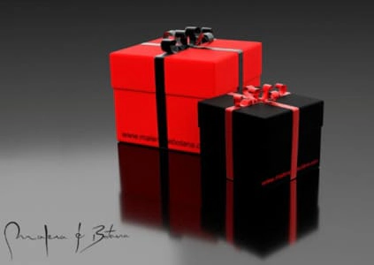 Imagen que muestra dos cajas de regalo, una roja y otra negra, con cintas decorativas, reflejando un diseño moderno y elegante sobre un fondo gris oscuro.
