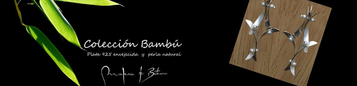  Imagen promocional de la colección Bambú, que presenta joyas de plata 925 envejecida y perlas naturales, con un fondo negro y elementos de bambú.