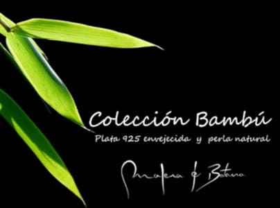 Imagen promocional de la colección Bambú, que presenta joyas de plata 925 envejecida y perlas naturales, con un fondo negro y elementos de bambú.