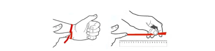 Imagen que muestra el método de medición de la muñeca y el dedo con cinta métrica, utilizado para determinar el tamaño adecuado en joyería.