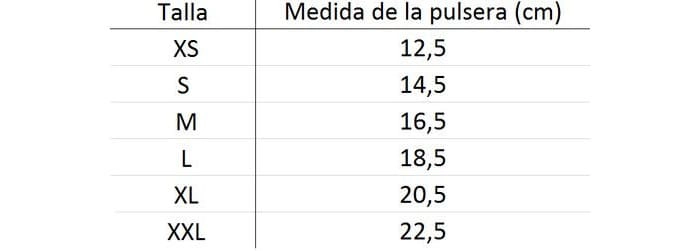 Tabla que muestra las tallas de pulseras y sus medidas en centímetros, desde XS hasta XXL.