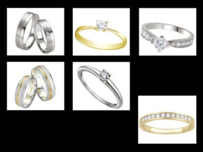 Una imagen compuesta que muestra seis anillos diferentes, incluyendo anillos de boda y anillos de compromiso en varios estilos y metales. Se pueden observar anillos lisos, anillos con incrustaciones de diamantes, anillos de oro amarillo y anillos de oro blanco. La imagen proporciona una muestra de las diferentes opciones disponibles para las parejas que buscan anillos de boda o compromiso.