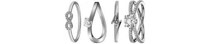 Imagen que muestra una selección de diferentes diseños de anillos de compromiso, incluyendo solitarios, de halo, cluster y de banda completa.