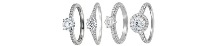 Imagen que muestra una selección de diferentes estilos y diseños de anillos de compromiso con diversas monturas y configuraciones de piedras.