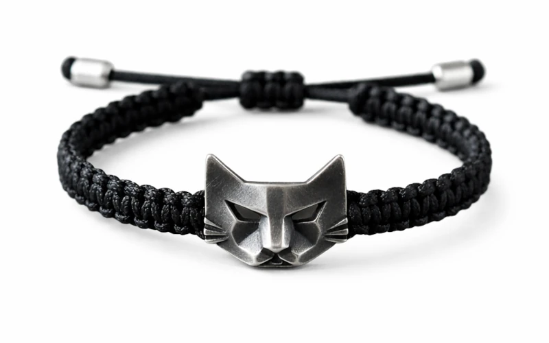 Pulsera negra de macramé con dije de gato en plata 925, diseño unisex de Malena de Botana