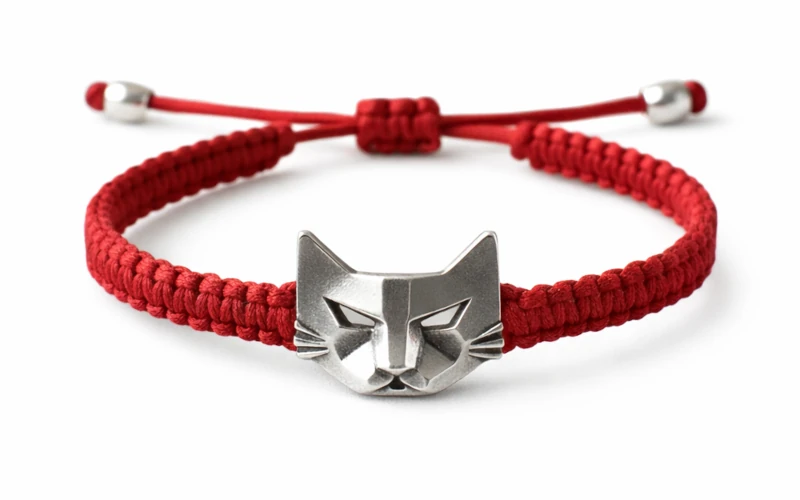 Pulsera en hilo rojo trenzado con dije de cabeza de gato en plata 925 de Malena de Botana