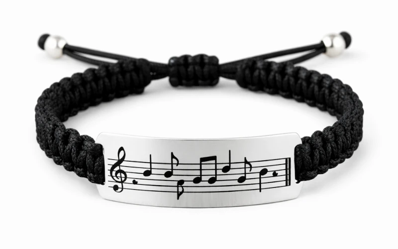 Pulsera con notas grabadas en acero plata 925, diseño artesanal de Malena de Botana.